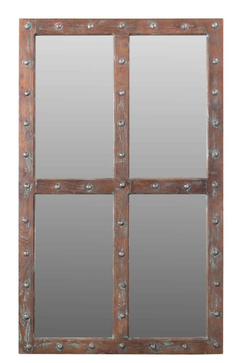 60" Wood Brown Rustic Solid Wood Window Pane Framed Accent Mirror