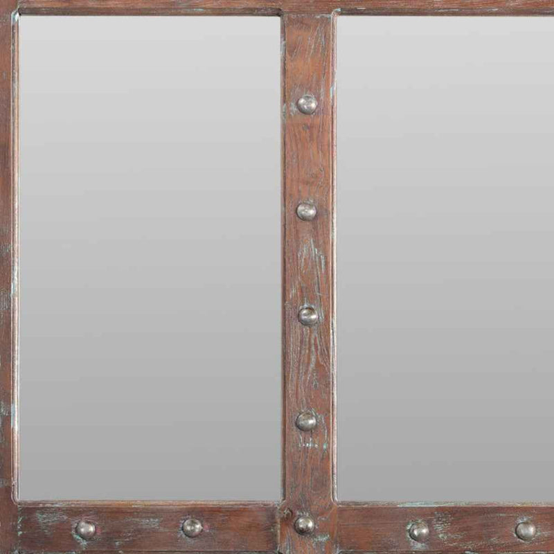 60" Wood Brown Rustic Solid Wood Window Pane Framed Accent Mirror