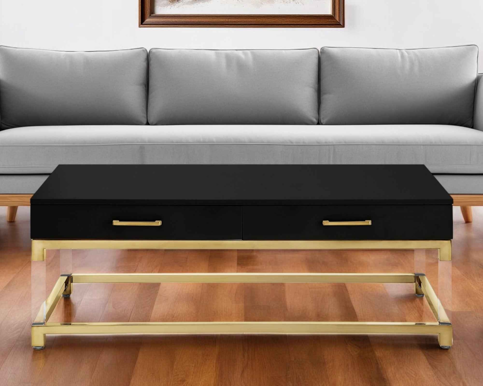 47" Black Gold And Clear Wood Acrylic And Steel Coffee Table