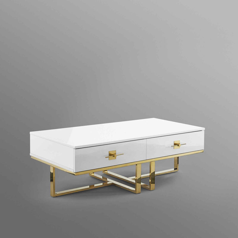 47" White And Gold Stainless Steel Coffee Table With Two Drawers