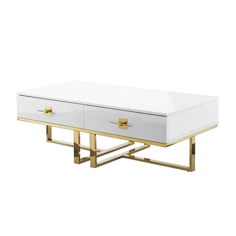 47" White And Gold Stainless Steel Coffee Table With Two Drawers