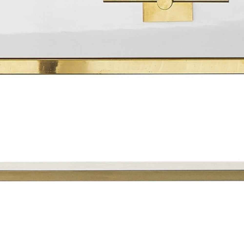 47" White And Gold Stainless Steel Coffee Table With Two Drawers