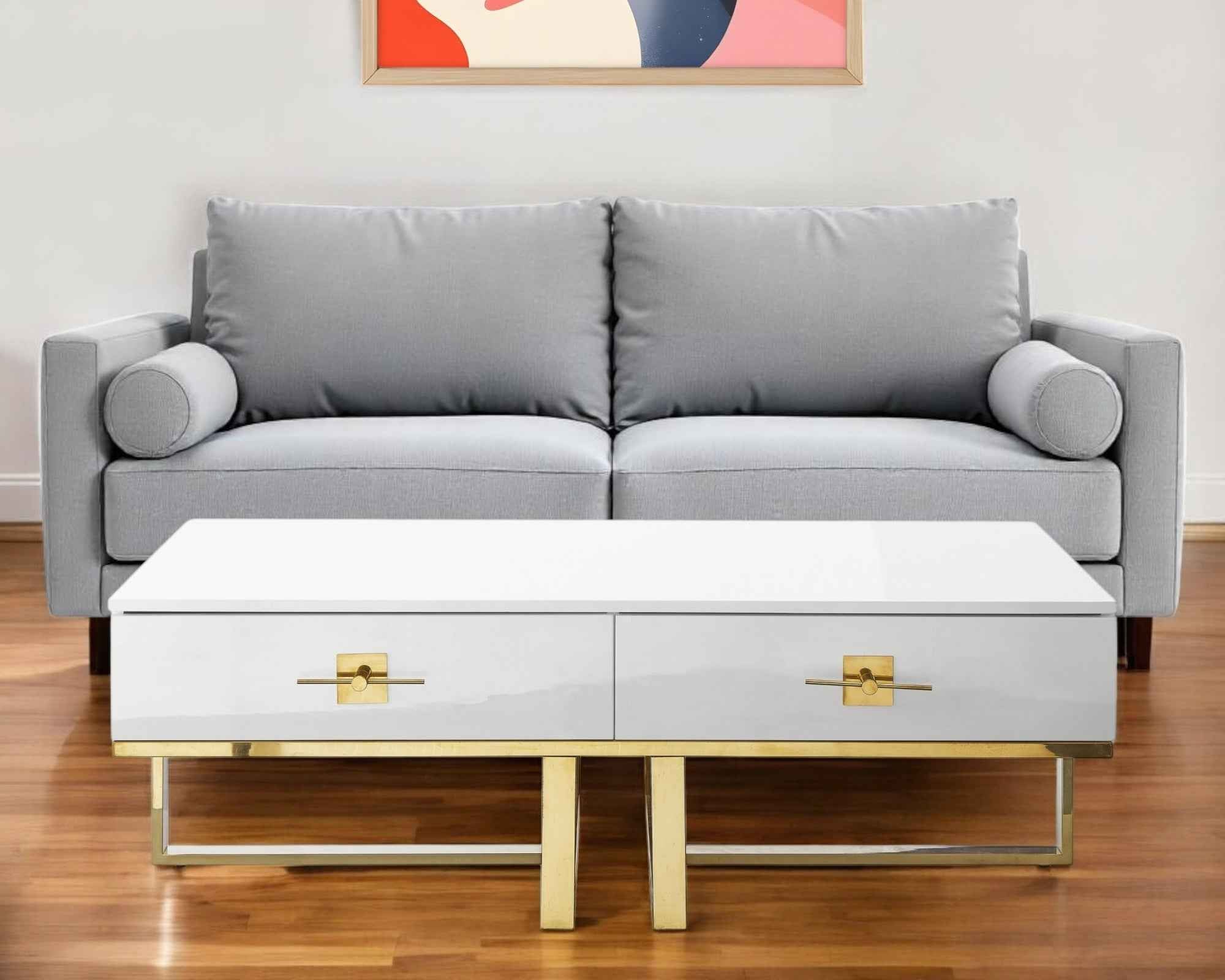 47" White And Gold Stainless Steel Coffee Table With Two Drawers