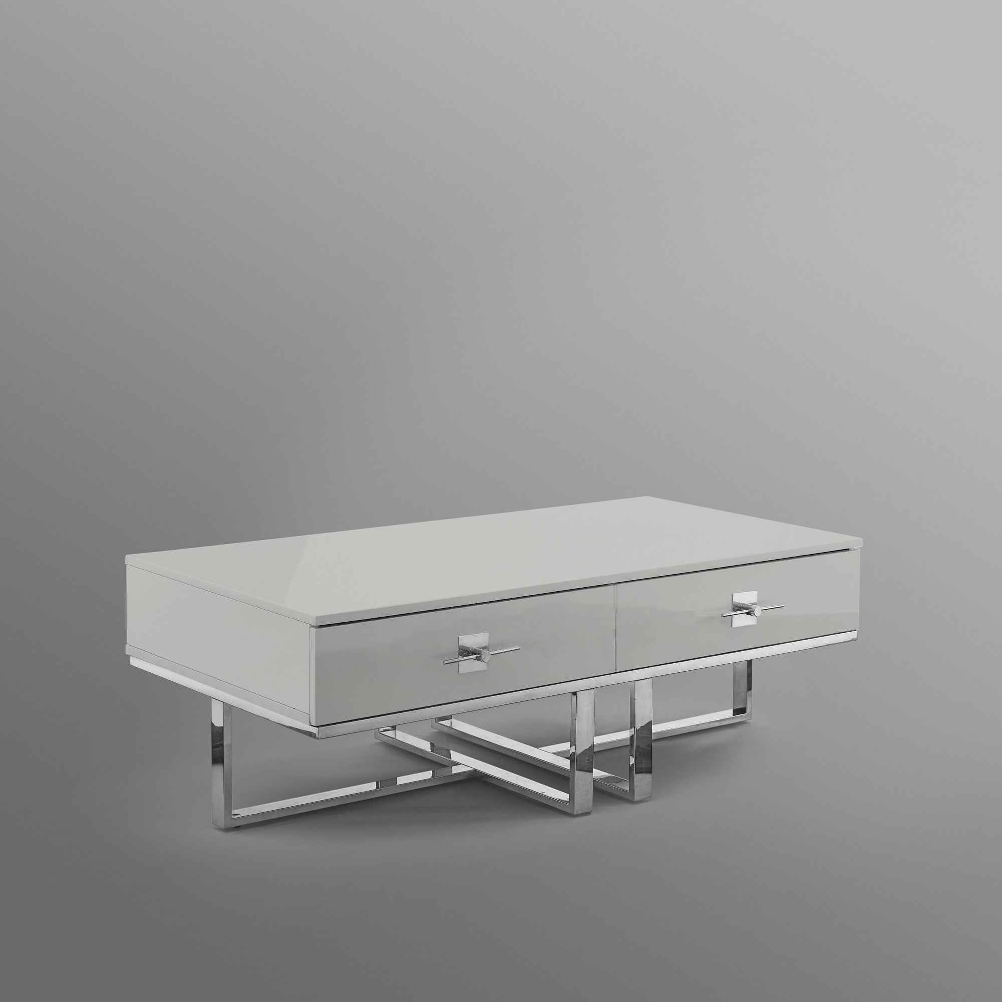 47" Light Gray And Silver Metallic Stainless Steel Coffee Table With Two Drawers