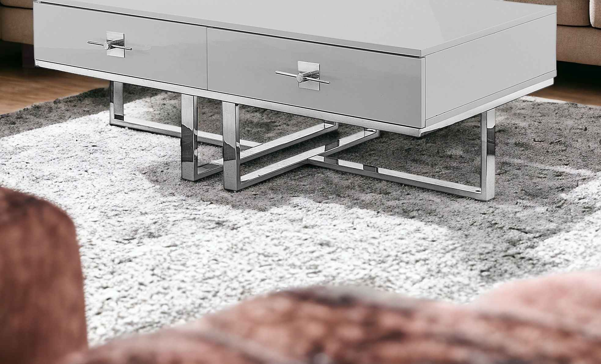 47" Light Gray And Silver Metallic Stainless Steel Coffee Table With Two Drawers