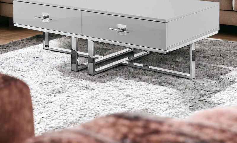47" Light Gray And Silver Metallic Stainless Steel Coffee Table With Two Drawers