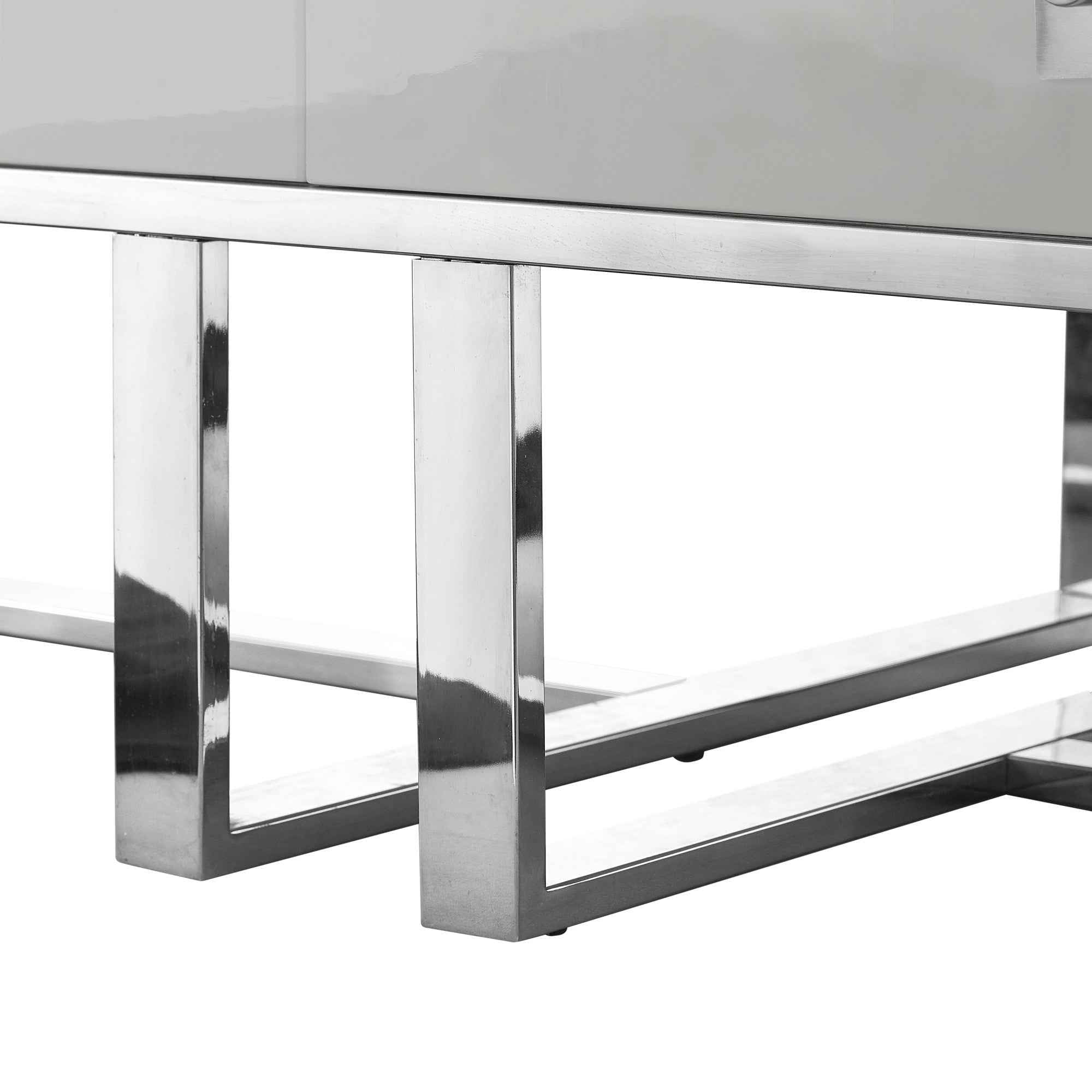 47" Light Gray And Silver Metallic Stainless Steel Coffee Table With Two Drawers