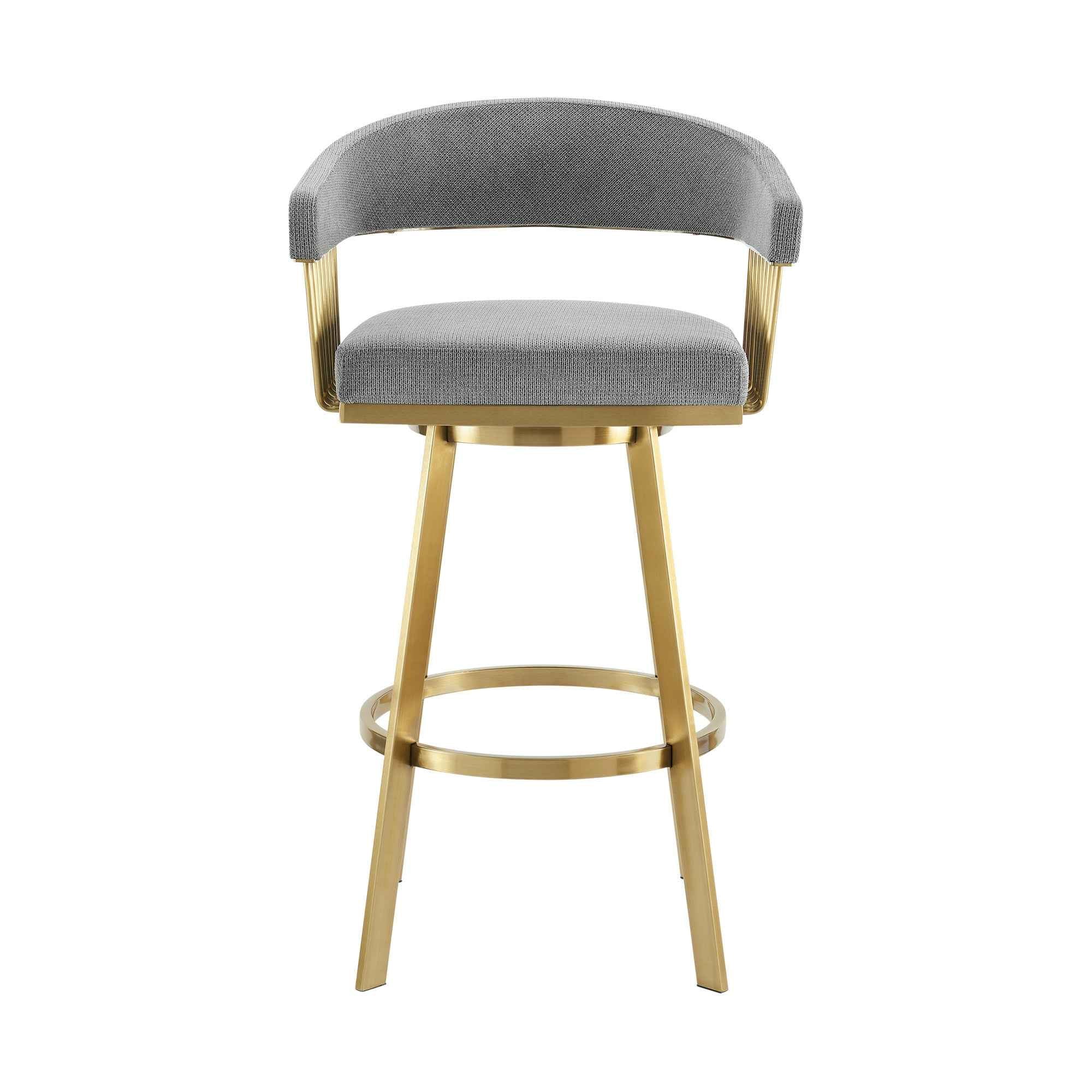 30" Gray and Gold Fabric and Stainless Steel Low Back Bar Height Swivel Bar Chair