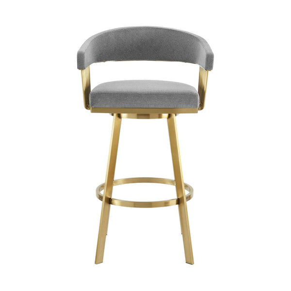 30" Gray and Gold Fabric and Stainless Steel Low Back Bar Height Swivel Bar Chair
