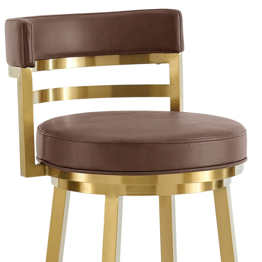 26" Coffee And Gold Faux Leather And Steel Low Back Counter Height Swivel Bar Chair - Living Room