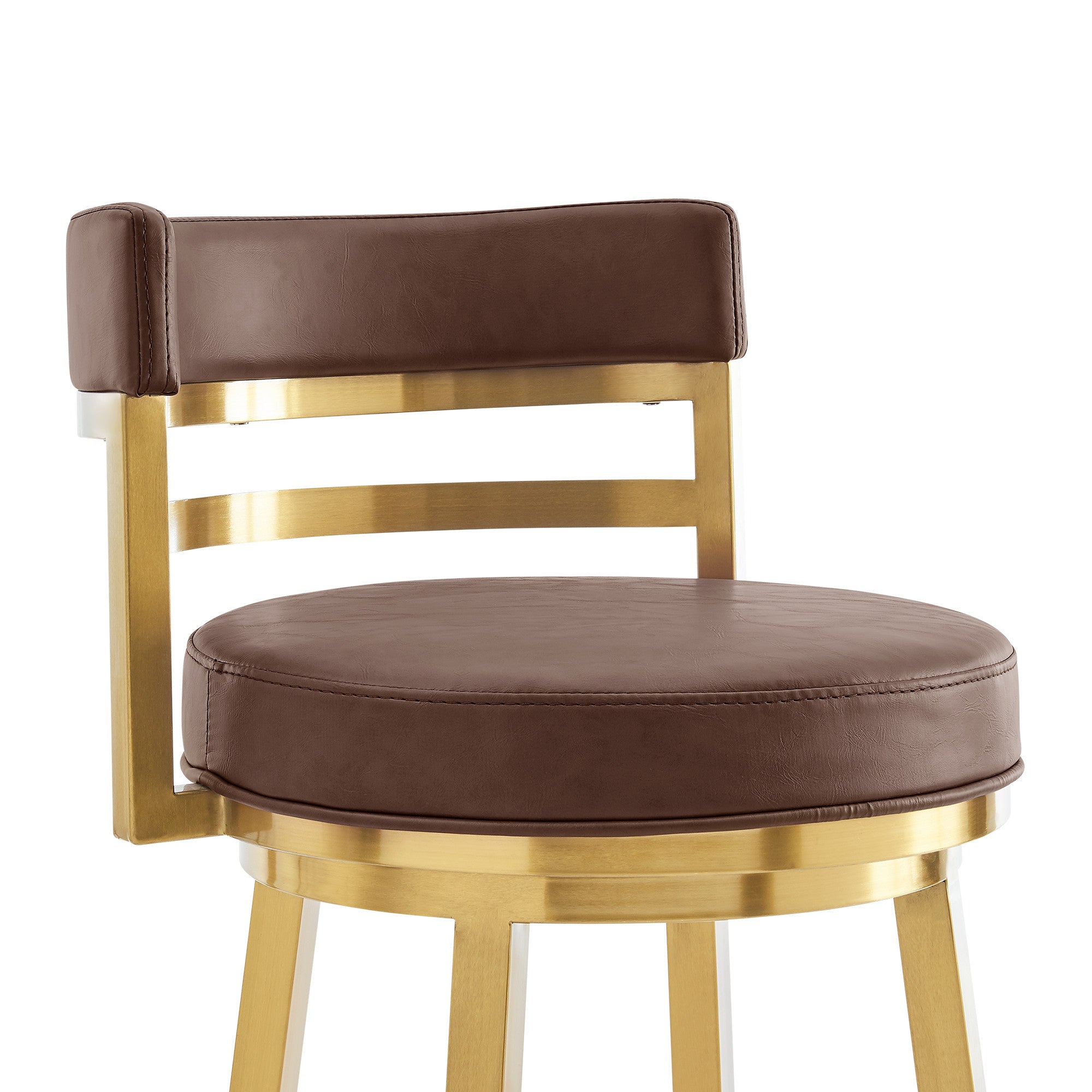 26" Coffee And Gold Faux Leather And Steel Low Back Counter Height Swivel Bar Chair - Living Room