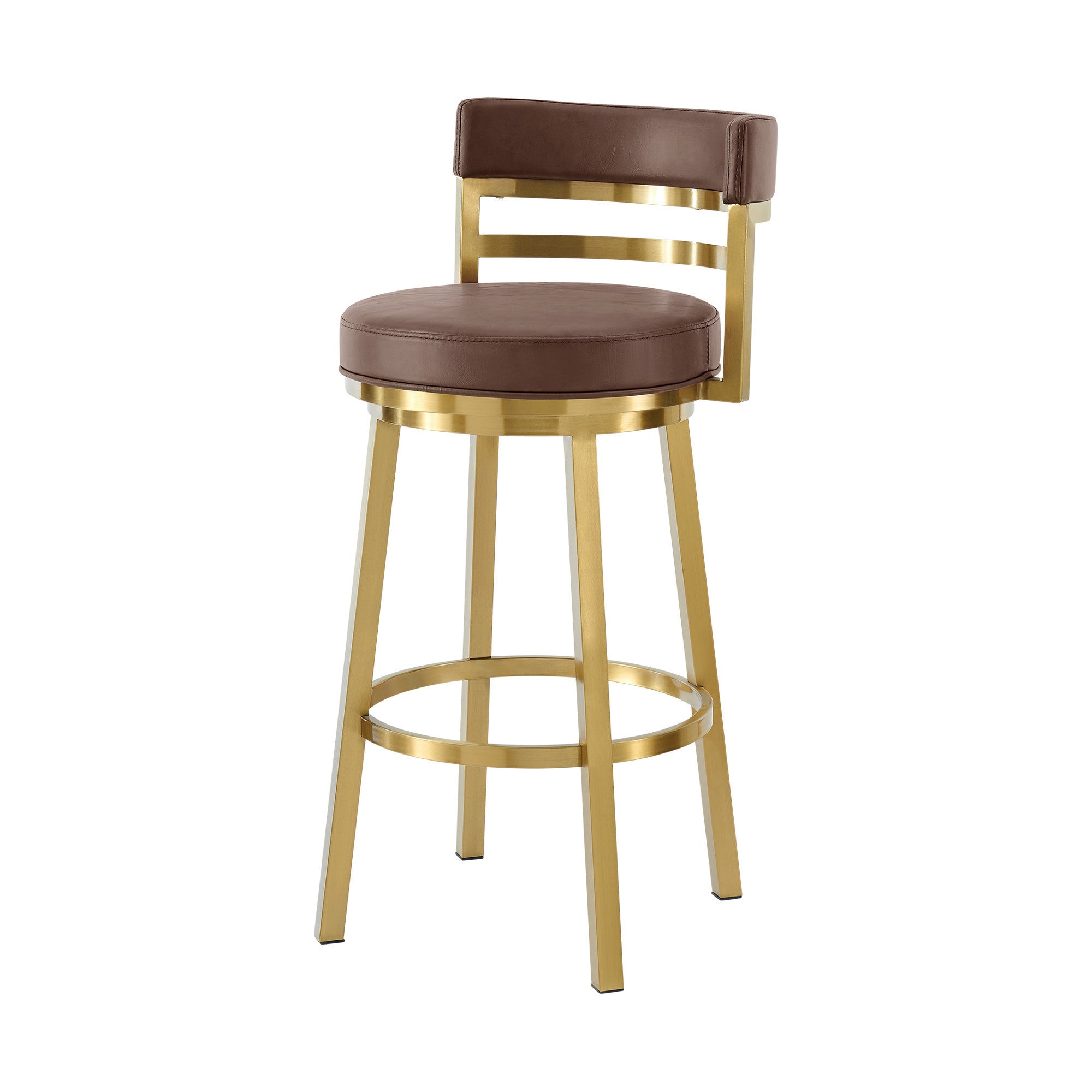 26" Coffee And Gold Faux Leather And Steel Low Back Counter Height Swivel Bar Chair - Living Room