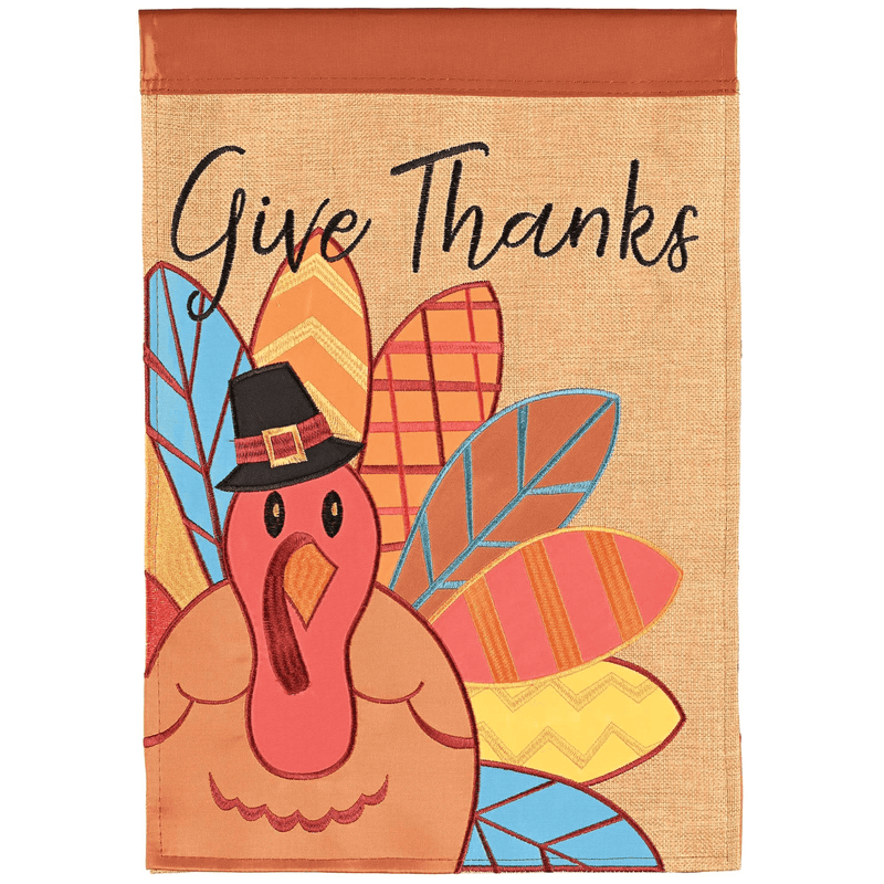 Polyester garden flag, “Give Thanks” turkey and leaf design, top header for hanging