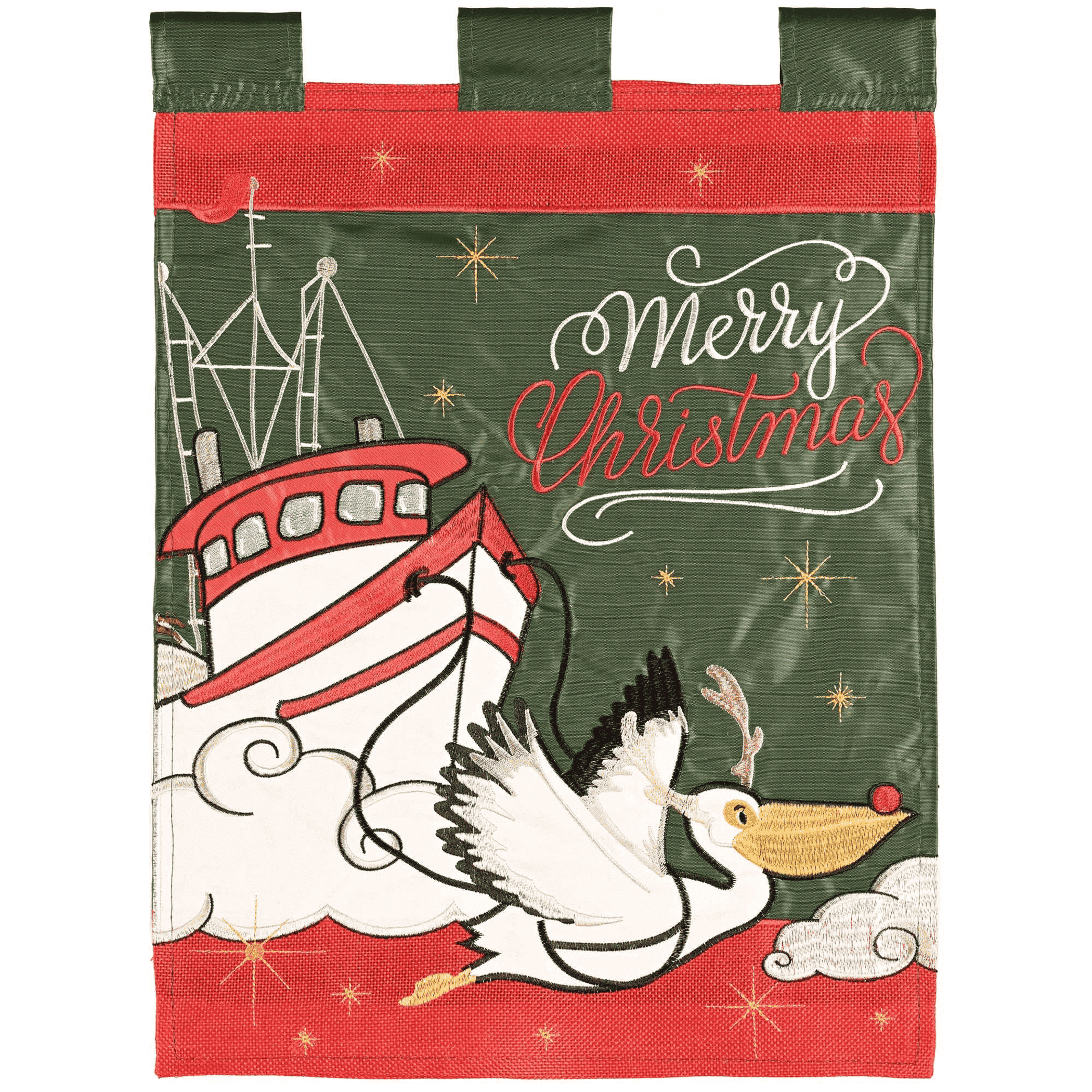 Polyester Christmas garden flag with pelican, train, stars and Merry Christmas lettering