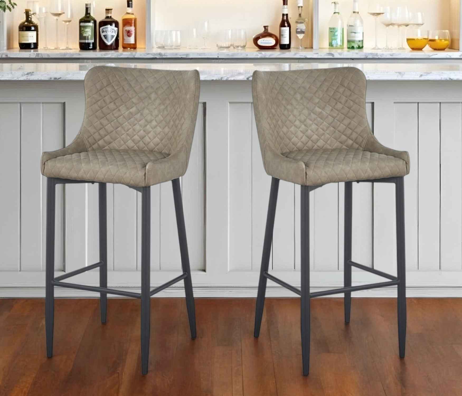 Set of Two 30" Gray and Black Faux Leather and Metal Low Back Bar Height Bar Chairs