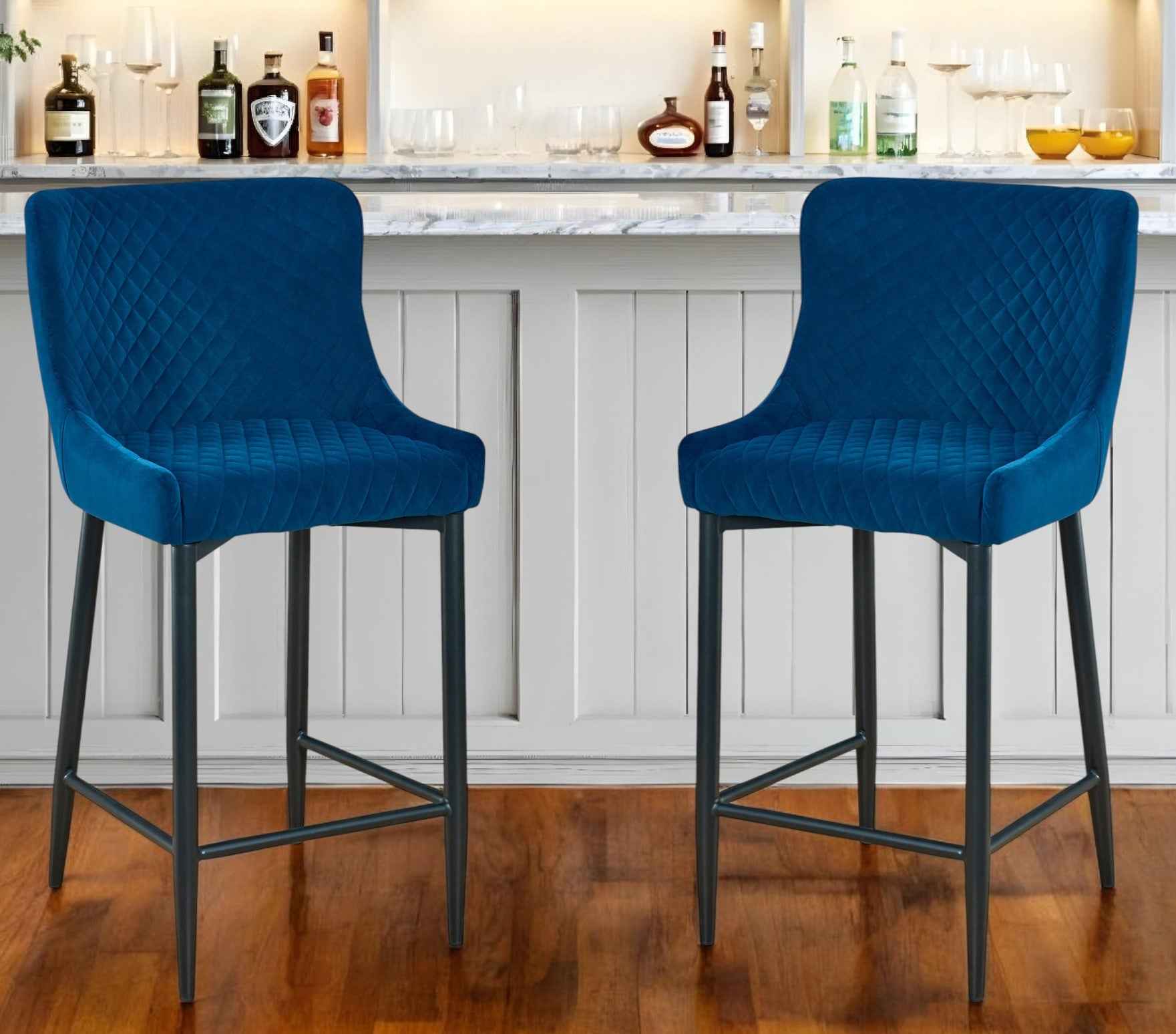 Set of Two 30" Blue and Black Velvet and Metal Low Back Bar Height Bar Chairs