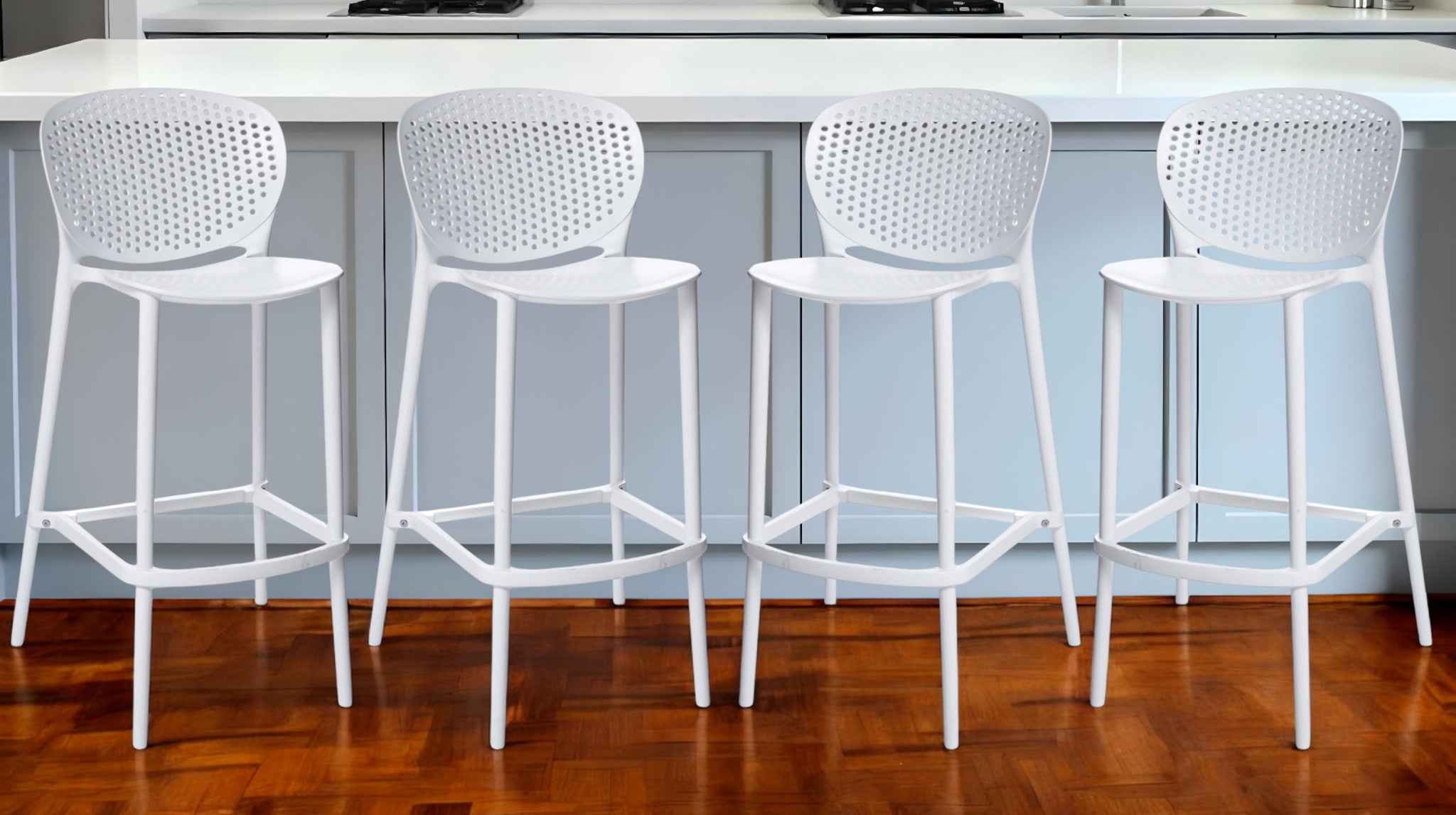 Set of Four 30" White Heavy Duty Plastic Low Back Bar Height Bar Chairs