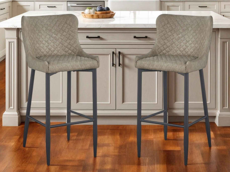 Set of Two 26" Gray and Black Faux Leather and Metal Low Back Counter Height Bar Chairs
