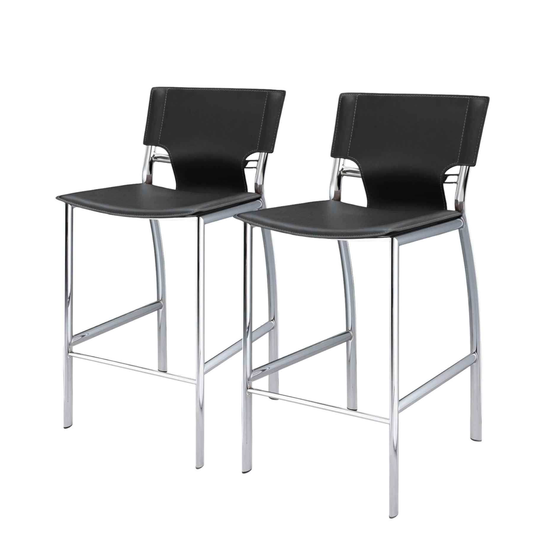 Set of Two 25" Gray and Silver Faux Leather and Metal Low Back Counter Height Bar Chairs