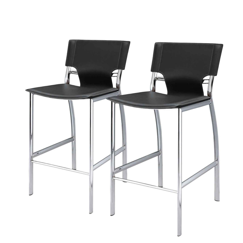Set of Two 25" Gray and Silver Faux Leather and Metal Low Back Counter Height Bar Chairs