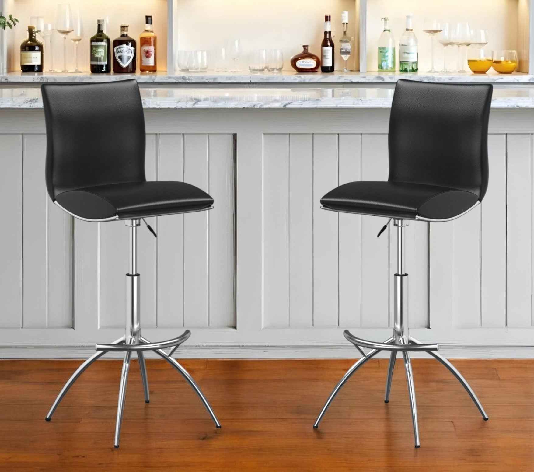 Set of Two Black and Silver Faux Leather and Metal Low Back Adjustable Height Bar Chairs
