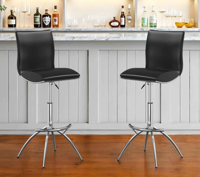 Set of Two Black and Silver Faux Leather and Metal Low Back Adjustable Height Bar Chairs