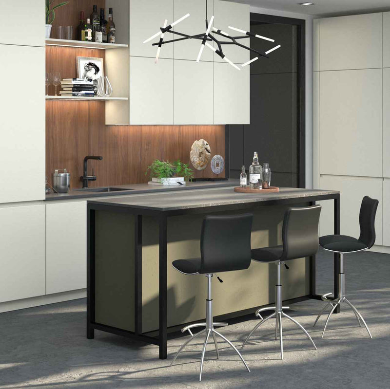 Set of Two Black and Silver Faux Leather and Metal Low Back Adjustable Height Bar Chairs