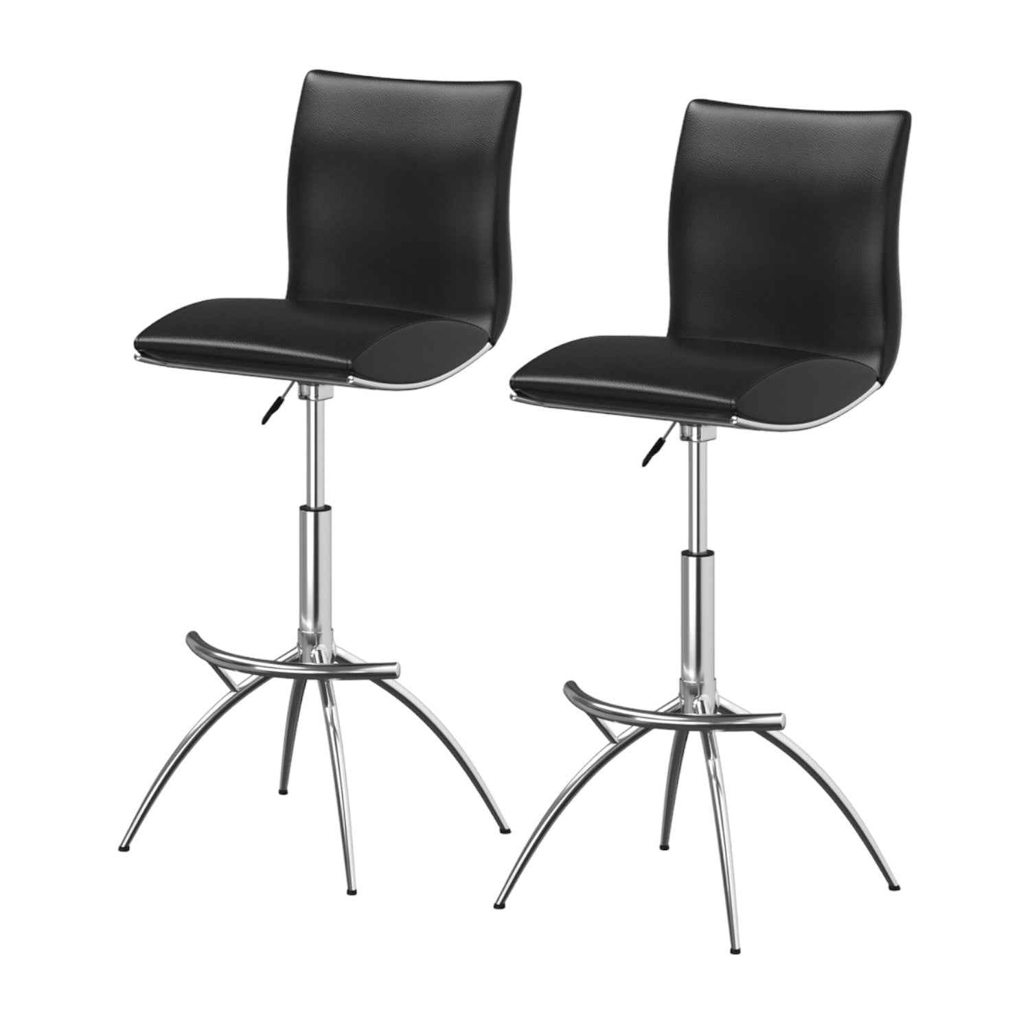 Set of Two Black and Silver Faux Leather and Metal Low Back Adjustable Height Bar Chairs