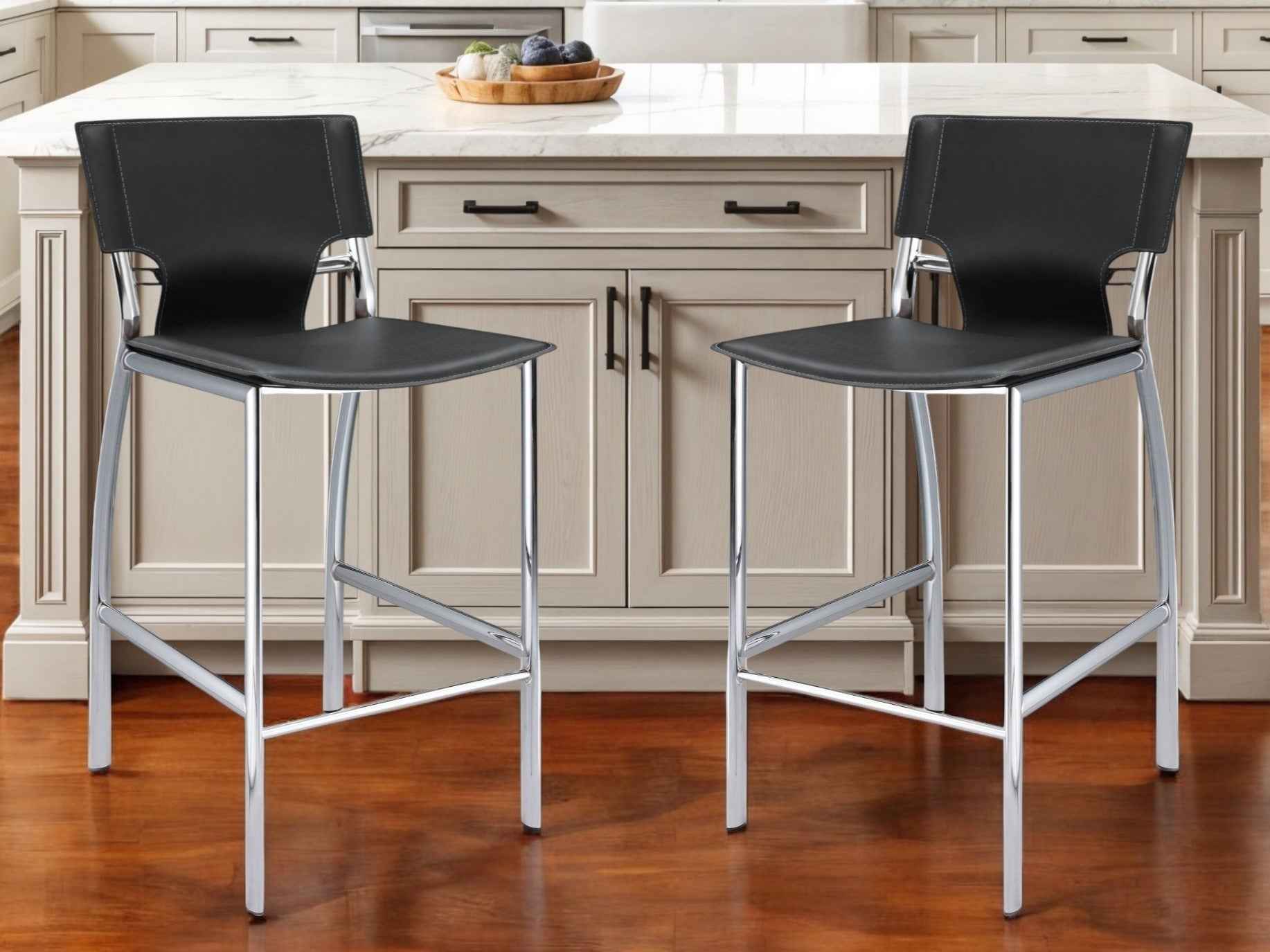 Set of Two 25" Black and Silver Faux Leather and Metal Low Back Counter Height Bar Chairs