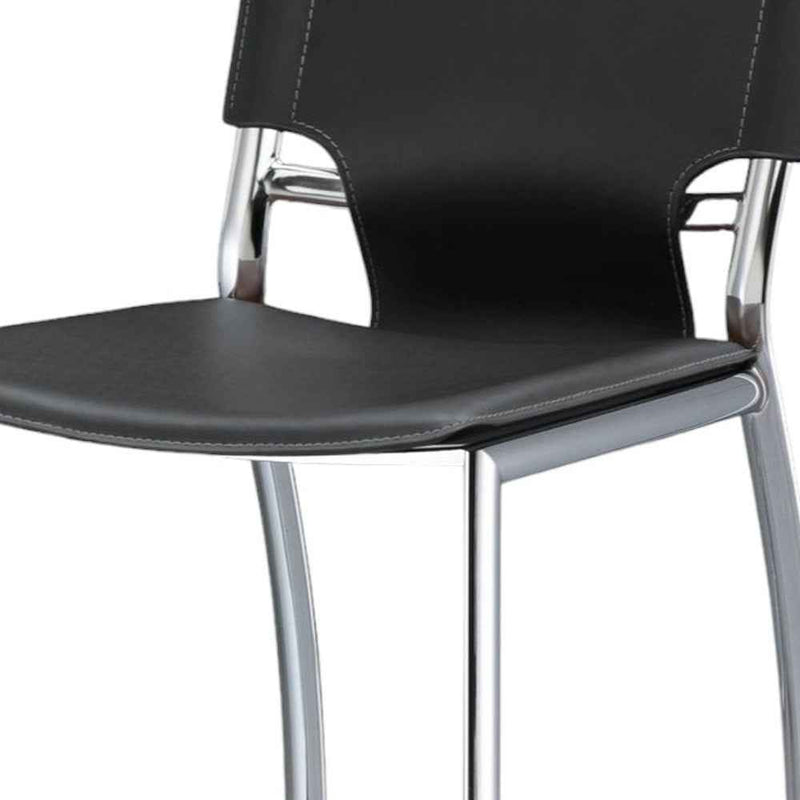 Set of Two 25" Black and Silver Faux Leather and Metal Low Back Counter Height Bar Chairs