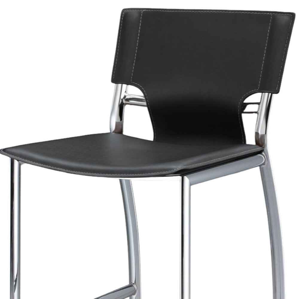 Set of Two 25" Black and Silver Faux Leather and Metal Low Back Counter Height Bar Chairs