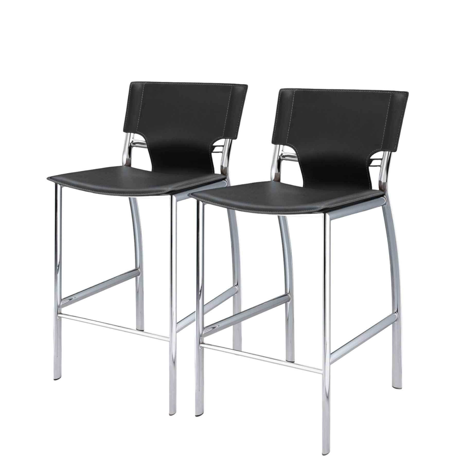Set of Two 25" Black and Silver Faux Leather and Metal Low Back Counter Height Bar Chairs