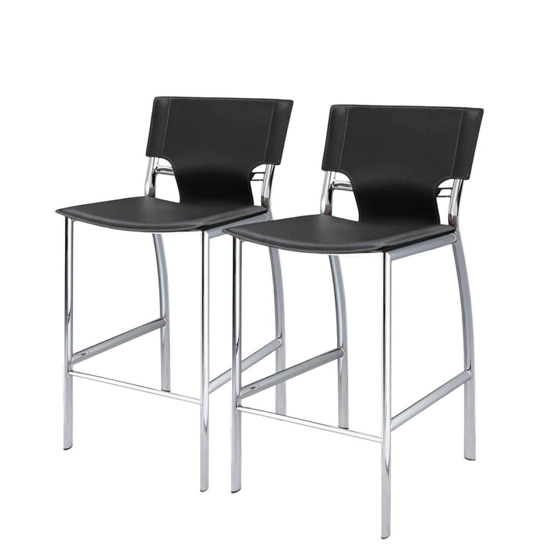 Set of Two 25" Black and Silver Faux Leather and Metal Low Back Counter Height Bar Chairs
