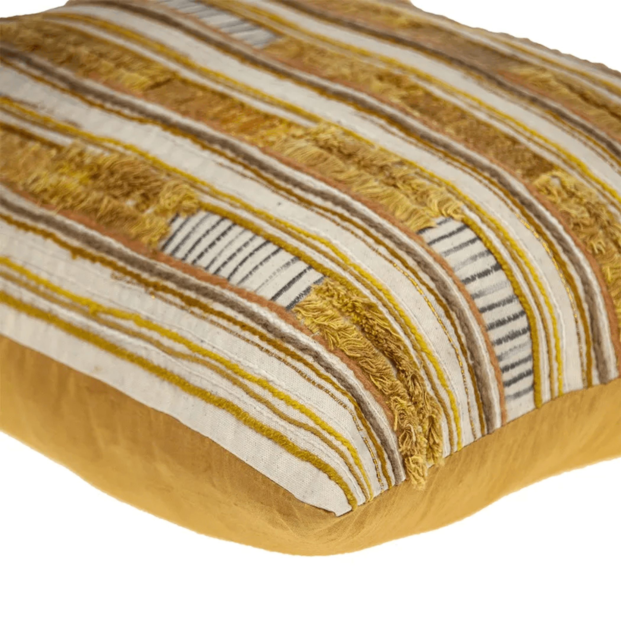 Multicolor striped pillow cover with gold-and-white fringe, beige ground