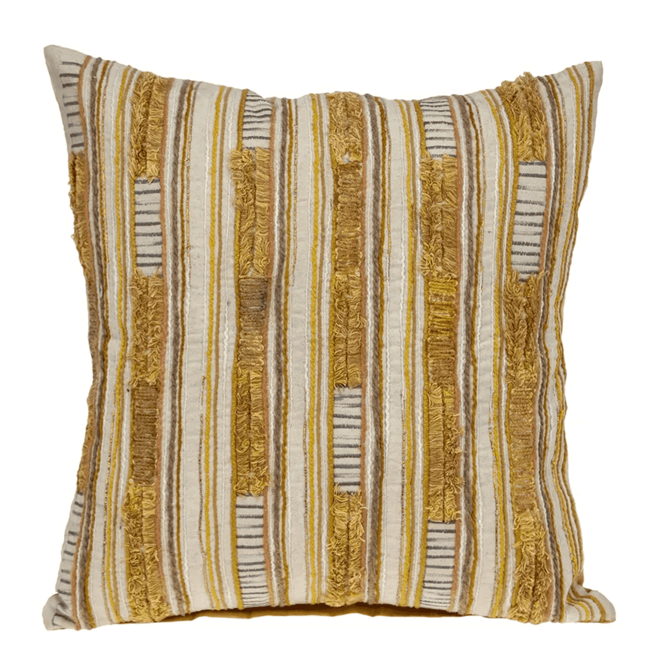 Multicolor vertical striped pillow cover with gold fringe and beige reverse