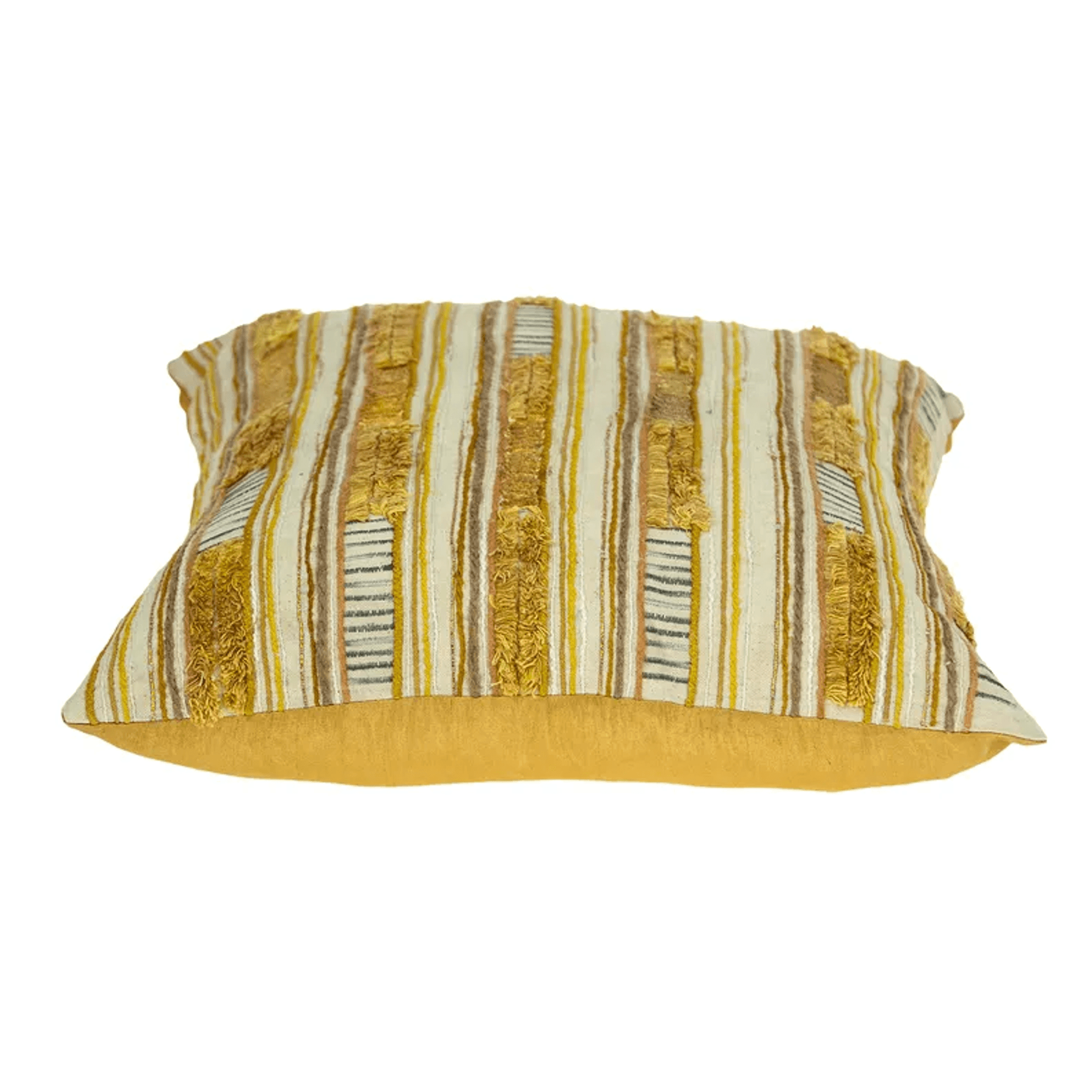 Multicolor striped pillow cover with gold fringe and tasseled edges, beige