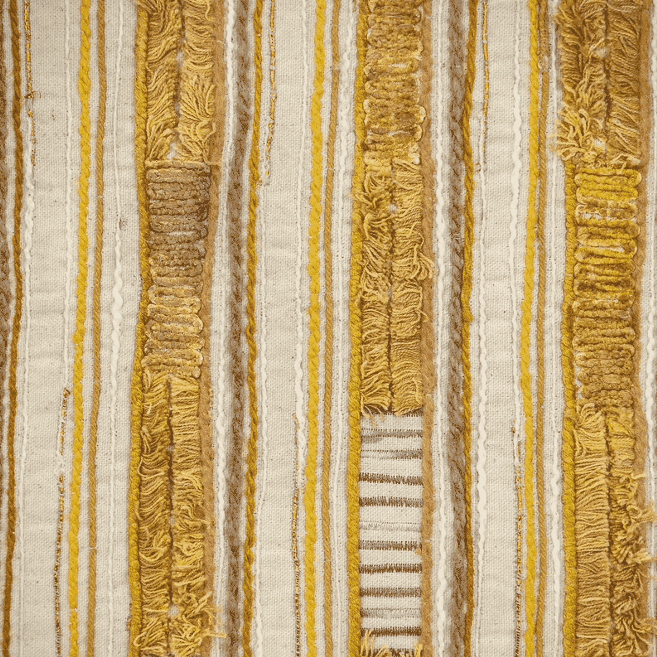 Striped pillow cover fabric close-up with gold embroidery and white-beige threads