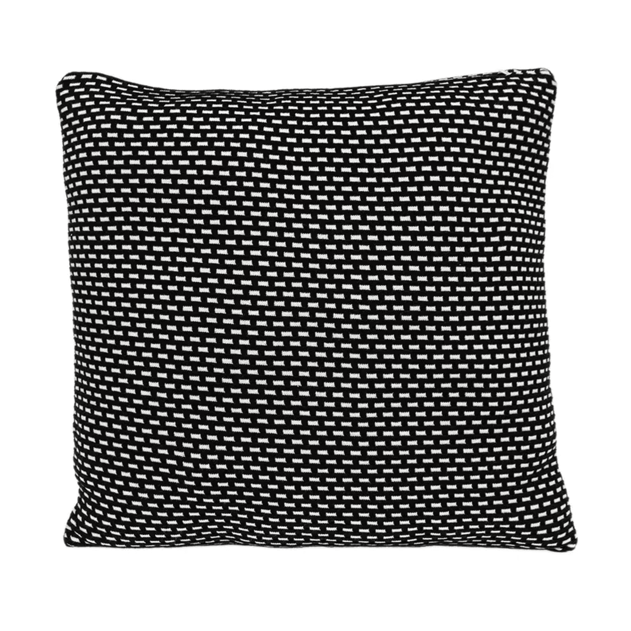 Black and white woven square throw pillow with dense checkered grid texture