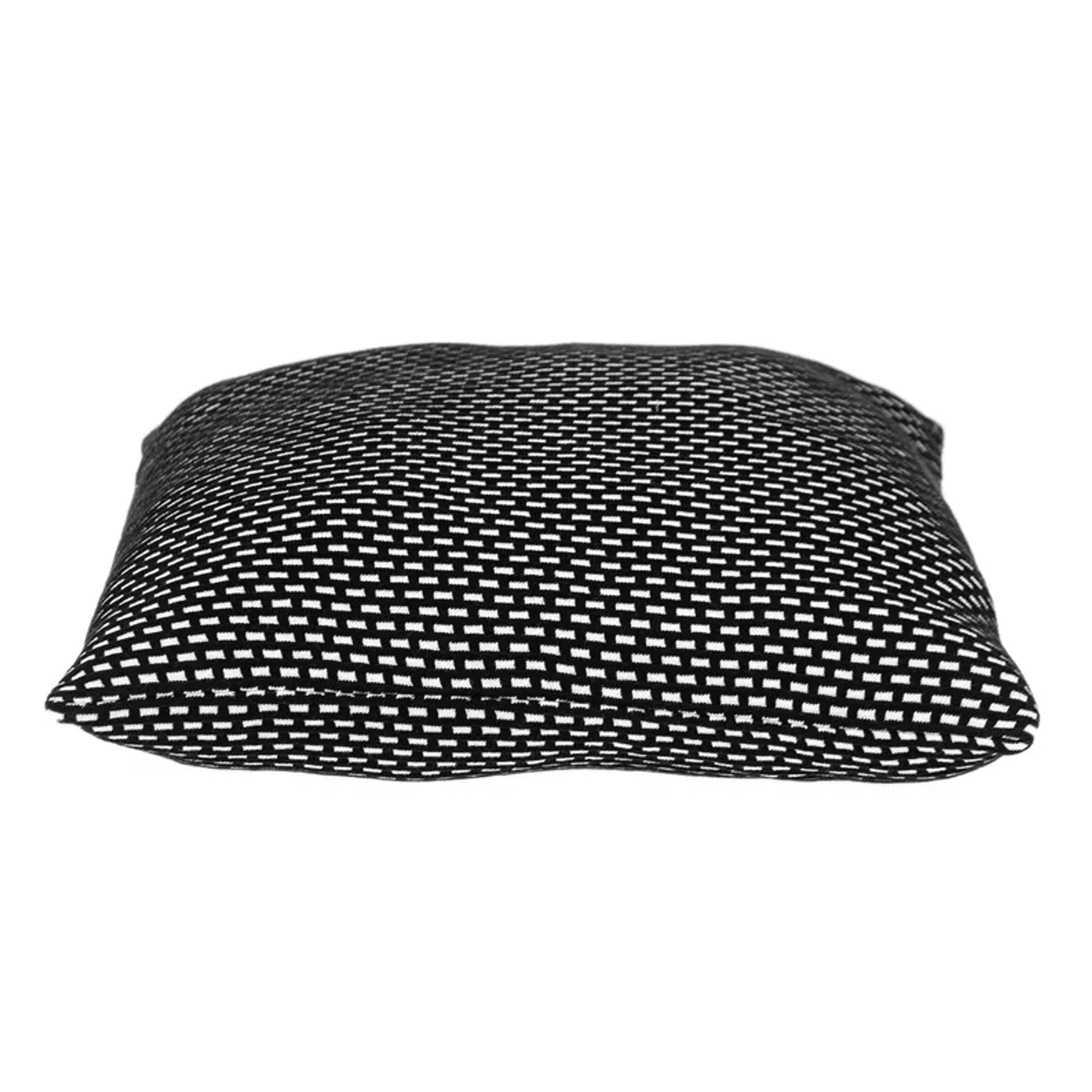 Black and white woven throw pillow with textured grid pattern, rounded edge
