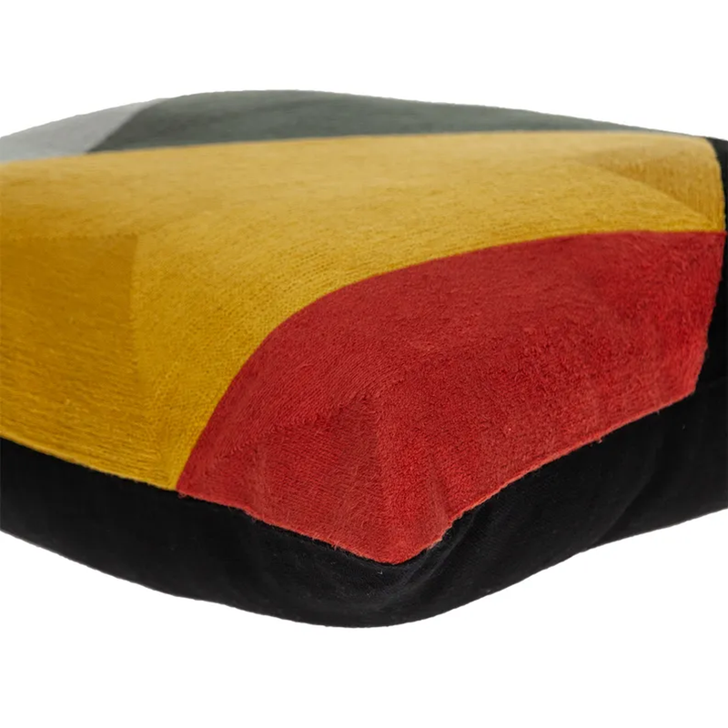 Multicolor pillow cover corner with curved red, mustard yellow, gray, and black