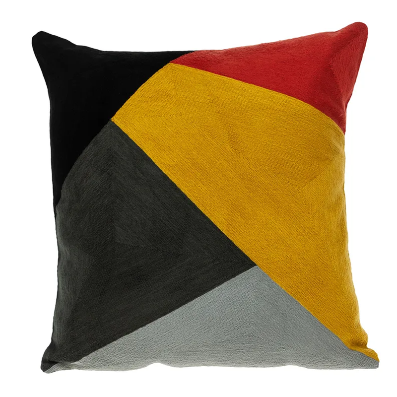 Multicolor pillow cover with geometric triangle panels in yellow, red, black, gray