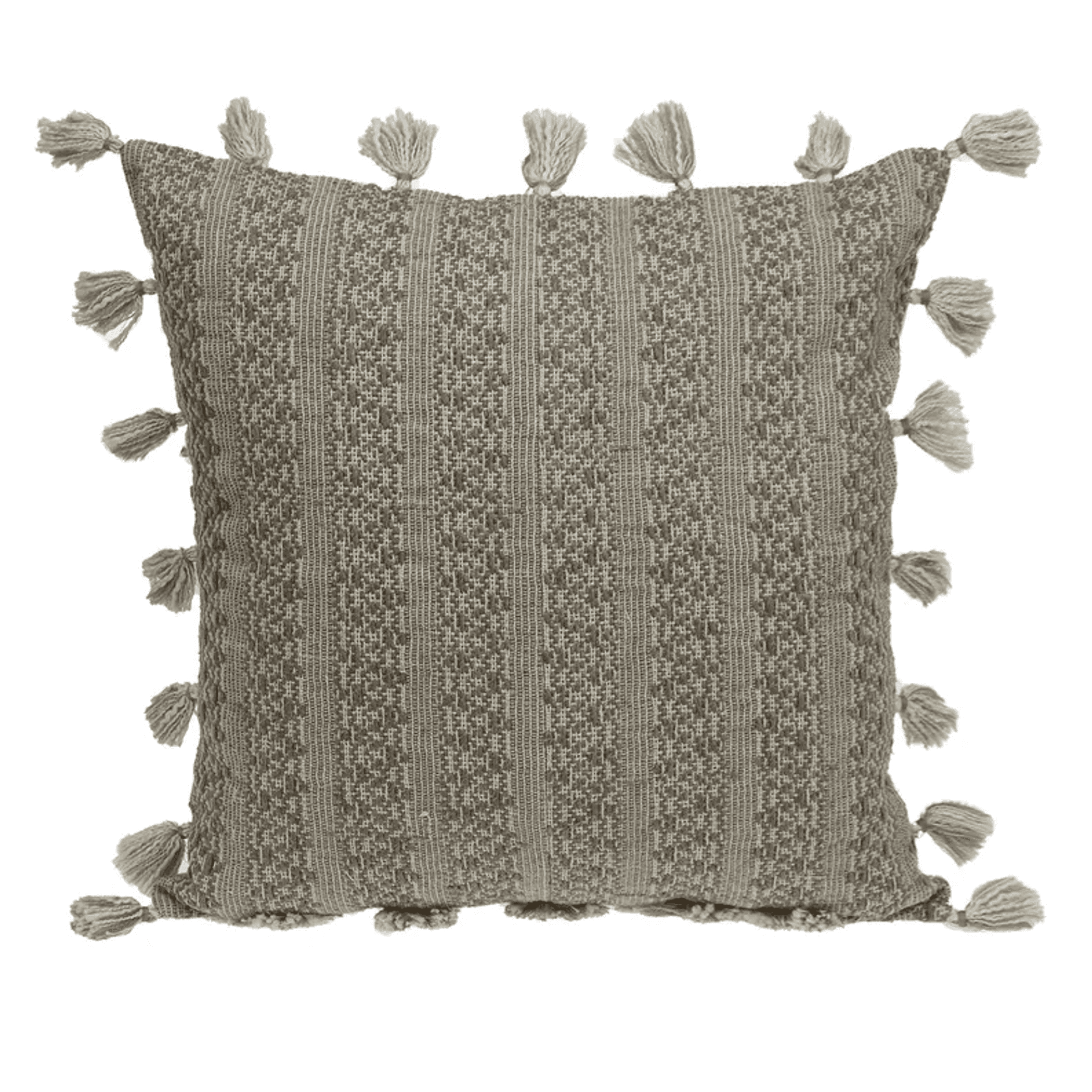Light gray striped throw pillow with tassel fringe along all edges.
