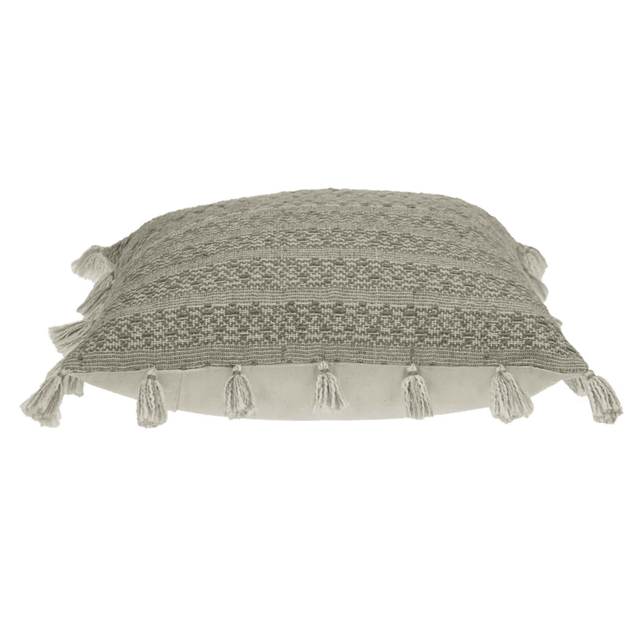 Light gray lumbar pillow with woven texture and tassel trim along the edge.