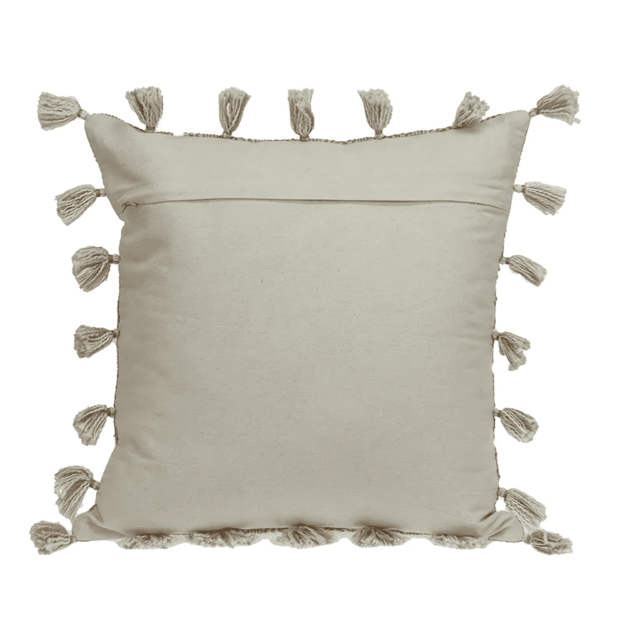 Beige square throw pillow with plain front panel and tassel fringe on corners.