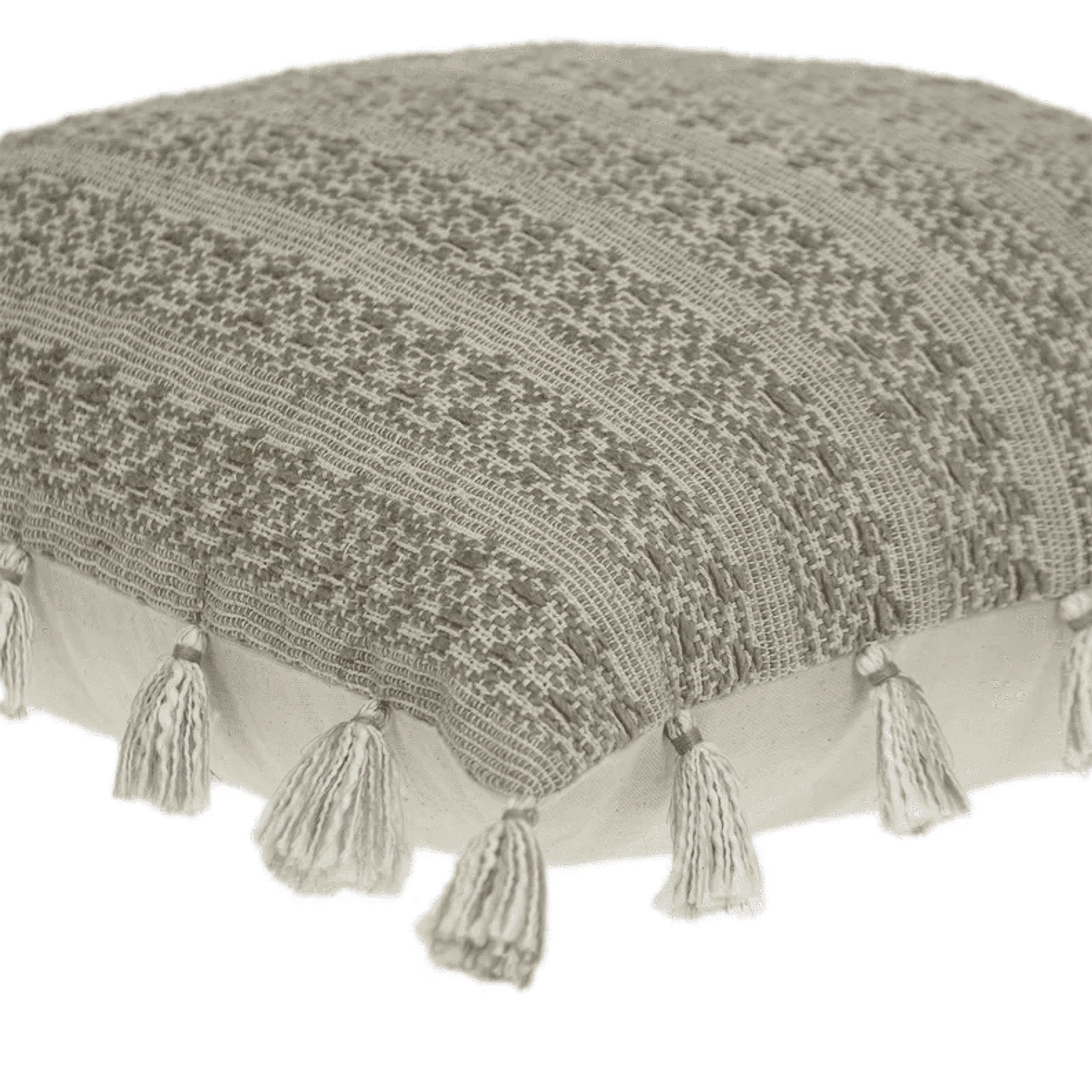 Close-up of light gray woven throw pillow with stripe texture and tassel fringe.