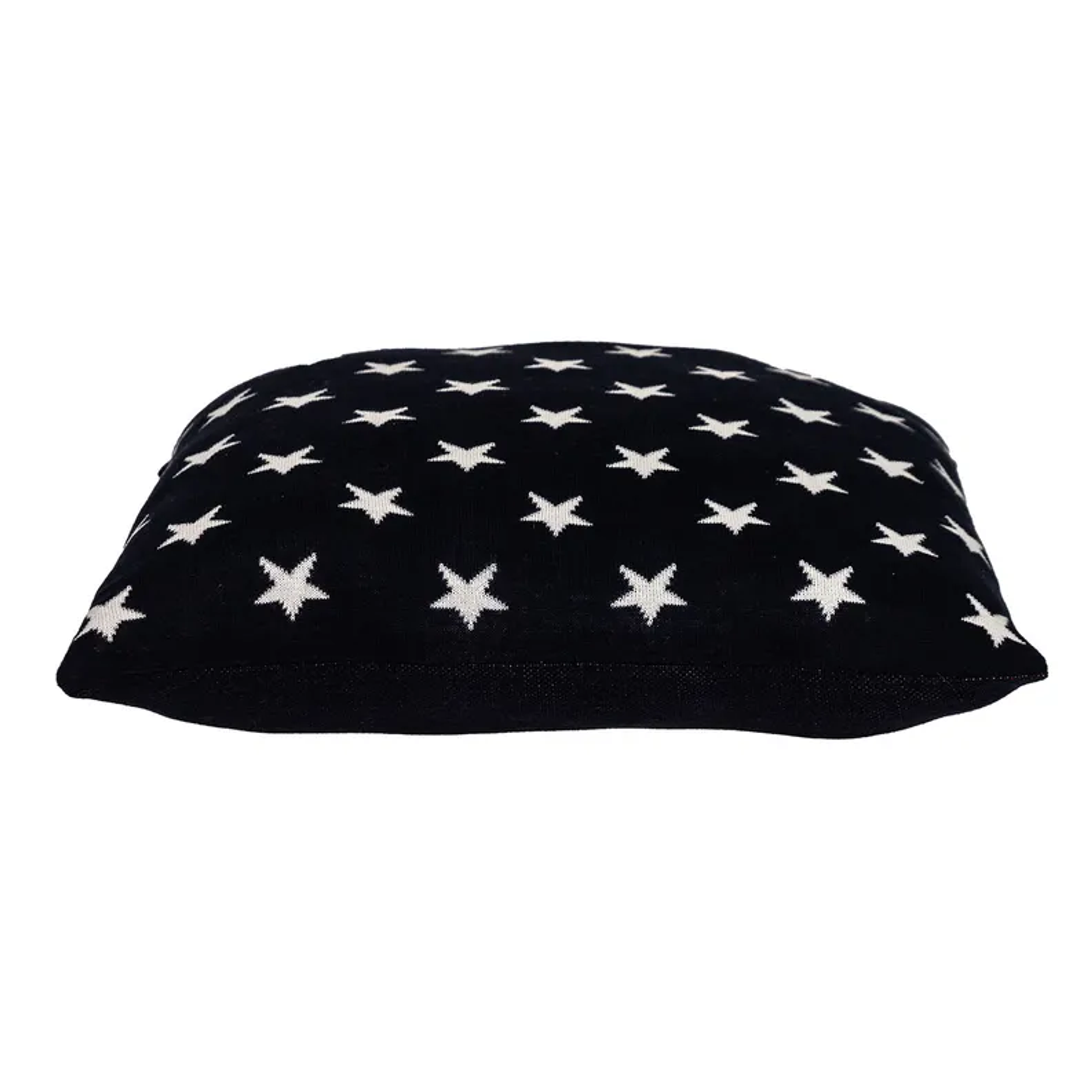 Navy throw pillow top view with repeating white star pattern