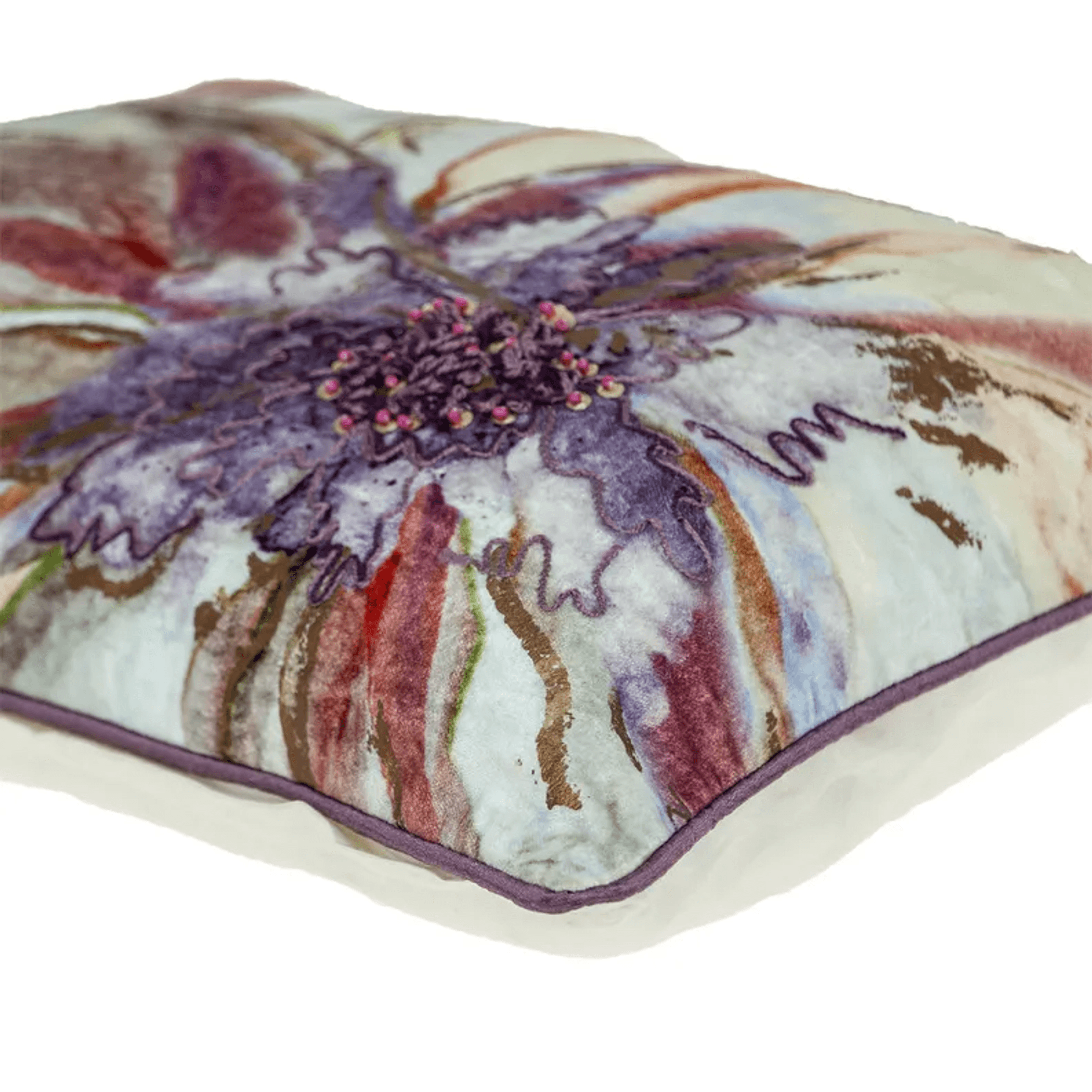 Floral pillow cover with purple beaded applique and multicolor abstract pattern