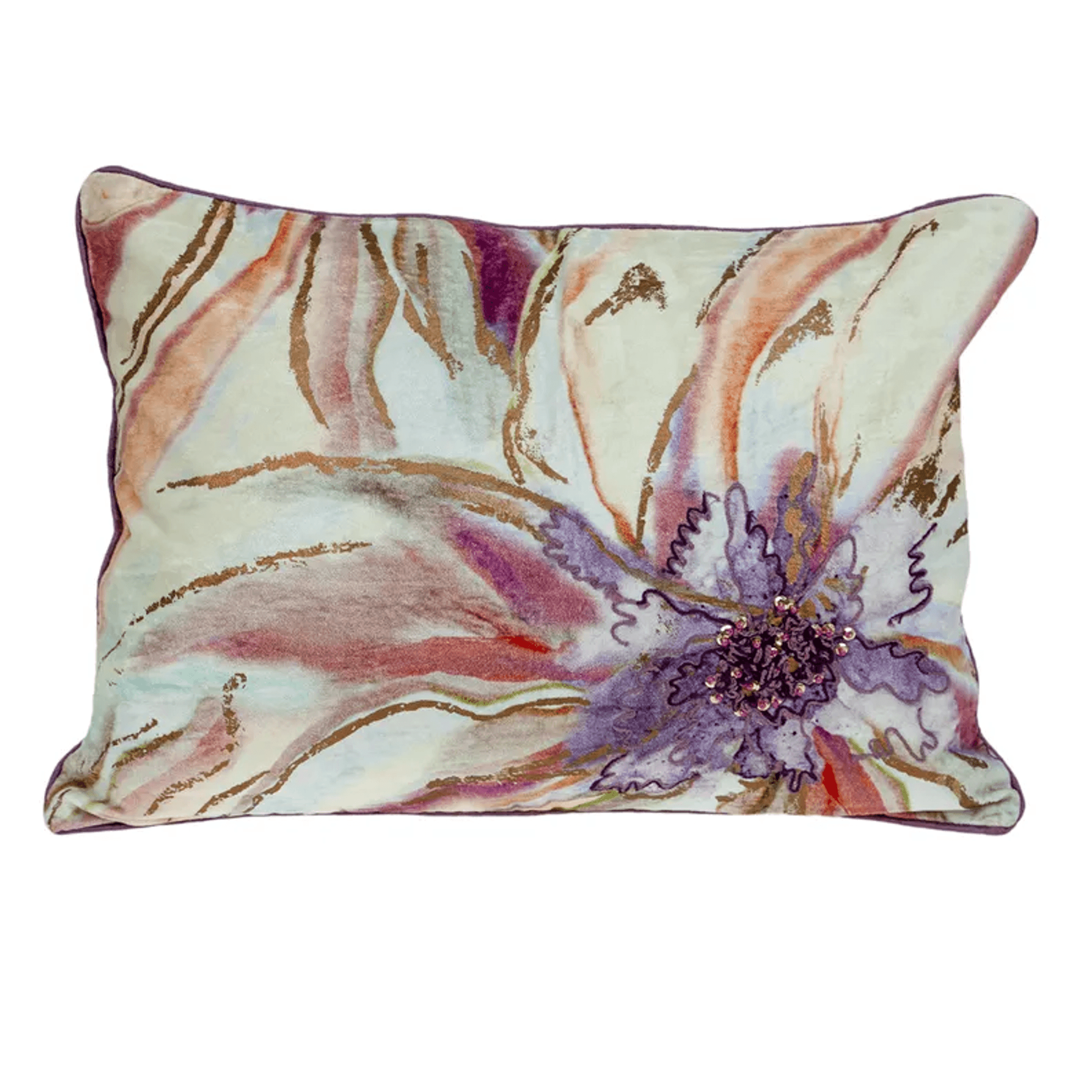 Floral rectangular pillow cover with purple beaded flower and dark purple trim