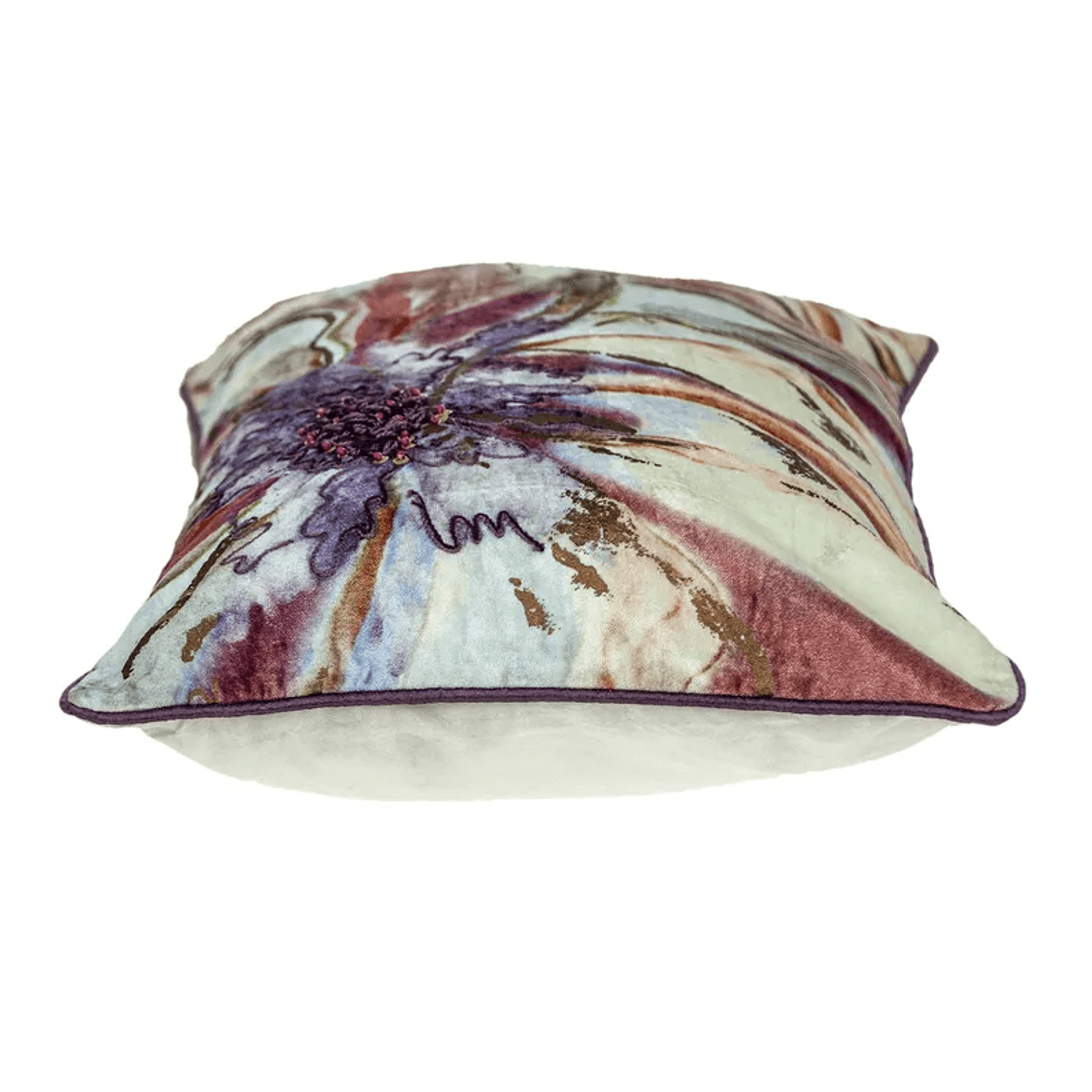Floral pillow cover back with multicolor pattern and dark purple trim