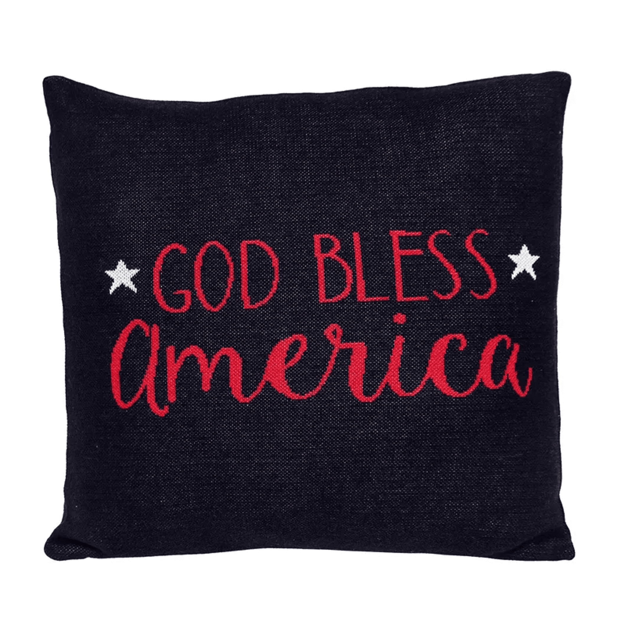 Navy throw pillow with red “GOD BLESS America” text and small white stars